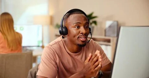 Computer, answer or man consulting in customer service, telecommunication and Stock Photos