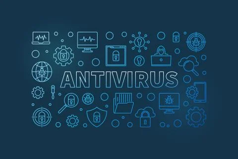 Computer Antivirus vector outline blue horizontal illustration Illustrazione stock