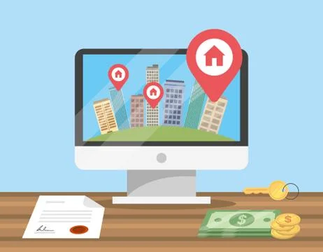 Computer with apartment building map location and document Stock Illustration