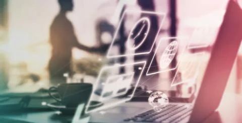 Computer app overlay, dashboard and laptop data graphic in office with sunset Stock Photos