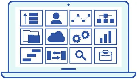 Computer app, shortcut icons on screen. Programs for working with maintenance Illustrazione stock