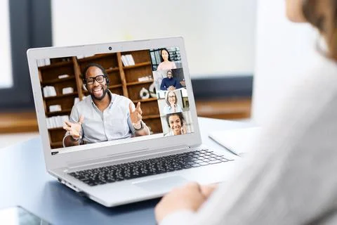 Computer app for video connection for many colleagues together Stock Photos