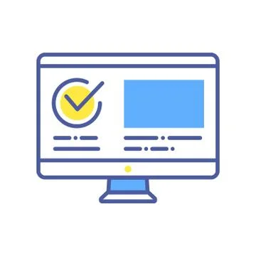 Computer with approved checkmark color line icon. Successful registration, up Stock Illustration