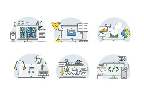 Computer apps and information on screen set. Management, marketing, research, e Stock Illustration