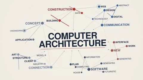 Computer architecture animated graph network word cloud, text design animation, Stock Footage 348023342