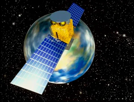 Computer art of communication satellite over earth Stock Illustration