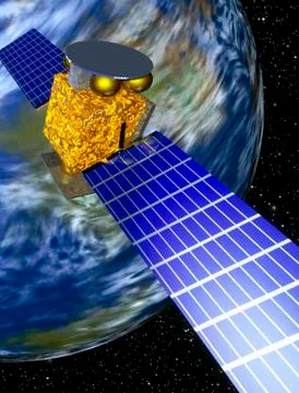 Computer art of communication satellite over earth Stock Illustration
