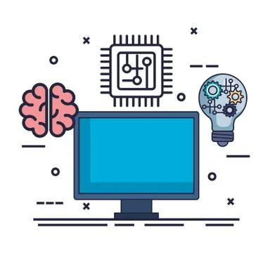 Computer with artificial intelligence icons Illustrazione stock