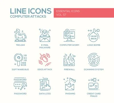 Computer Attacks - line design icons set 스톡 일러스트