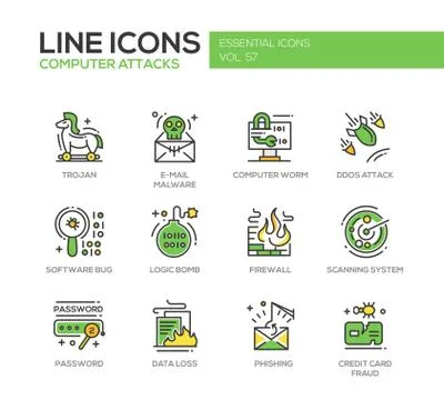 Computer Attacks - line design icons set Illustrazione stock