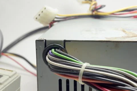 Computer ATX non-modular power supply unit front side with ventilation hole.. Stock Photos