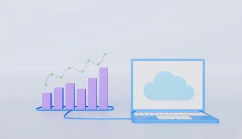 Computer with Bar graph and growth trend 3d illustration Stock Illustration