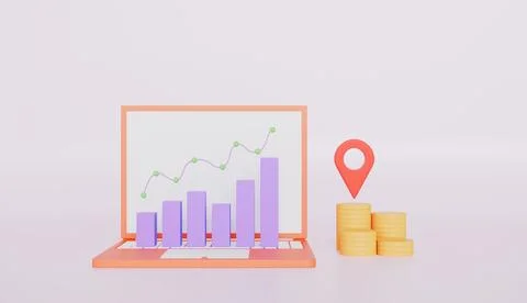 Computer with Bar graph and growth trend 3d illustration Stock Illustration