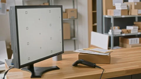 Computer, Barcode Scanner and Parcel on Counter at Express Delivery Office 스톡 동영상 321433291