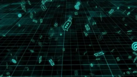 Computer based 3D rendering of a futuristic cyberspace where light blue envel Illustrazione stock