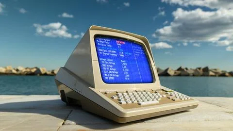 Computer on a beach with data and code on screen Stock-Fotos