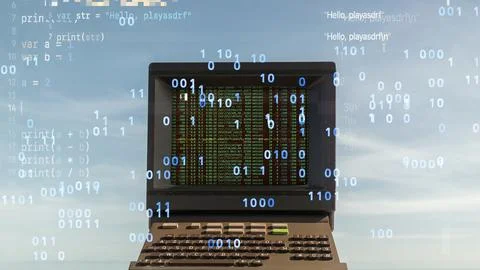 Computer on a beach with data and code on screen 스톡 사진
