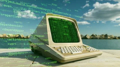 Computer on a beach with data and code on screen Stock Photos