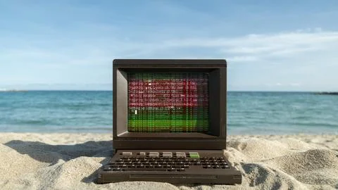 Computer on a beach with data and code on screen Stock Photos