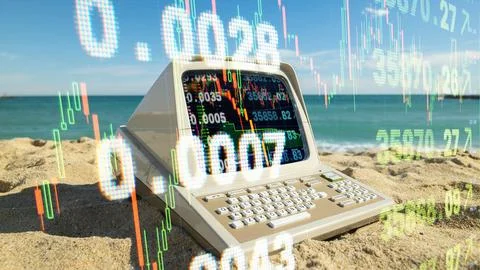 Computer on a beach with data and code on screen Stock Photos