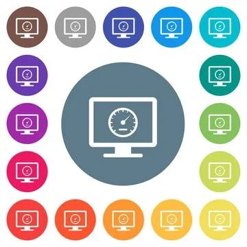 Computer benchmark flat white icons on round color backgrounds Illustrazione stock