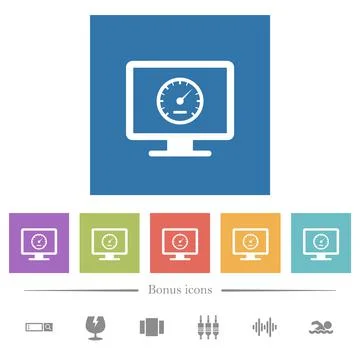 Computer benchmark flat white icons in square backgrounds Stock Illustration