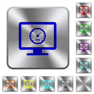 Computer benchmark rounded square steel buttons Illustrazione stock