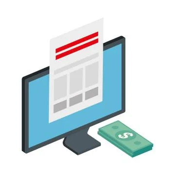 Computer with bills pile and paper document Stock Illustration