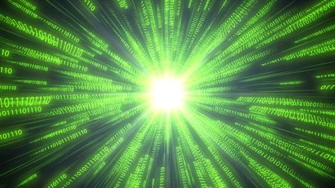 Computer binary code chains moving to cpu. conceptual 3d illustration Illustrazione stock