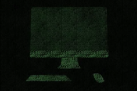 Computer in binary code stream on a dark background Foto stock