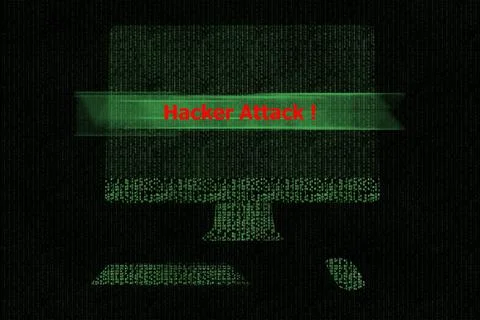 Computer in binary code stream on a dark background with "Hacker attack" alert Stock Photos
