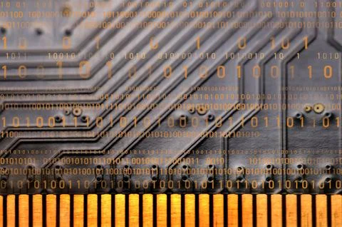 Computer binary code super-imposed over computer card 库存照片
