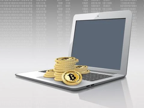 Computer with bitcoin stacks 스톡 일러스트