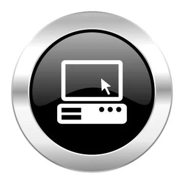 Computer black circle glossy chrome icon isolated.. Stock Illustration