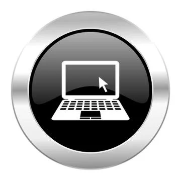 Computer black circle glossy chrome icon isolated. Illustrazione stock