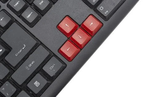 Computer black keyboard with red buttons closeup top view Stock Photos