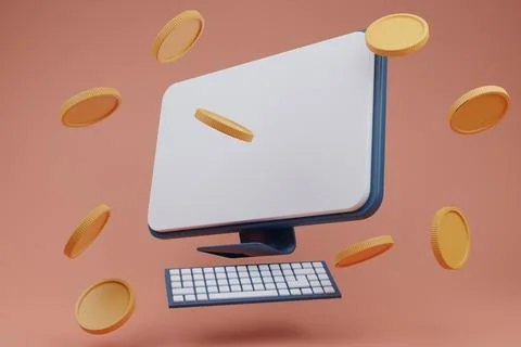 Computer with blank display and coins stack, digital wallet. Shopping mobile  스톡 일러스트