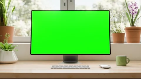 Computer with a blank green screen, falls onto desk abstract animation in a.. Stock Footage 297068231
