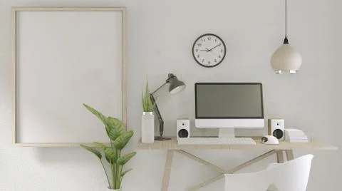 Computer with blank screen  and decoration in office room mock up background. Illustrazione stock