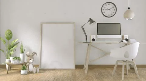 Computer with blank screen  and decoration in office room mock up background. Illustrazione stock