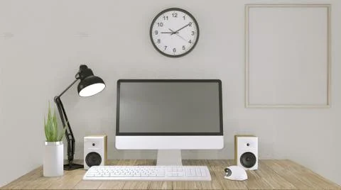 Computer with blank screen  and decoration in office room mock up background. Illustrazione stock