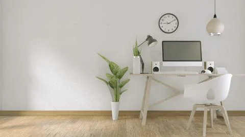 Computer with blank screen  and decoration in office room mock up background. Illustrazione stock