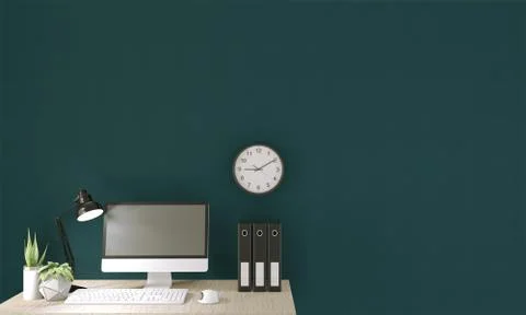 Computer with blank screen  and decoration in office room mock up background. Illustrazione stock