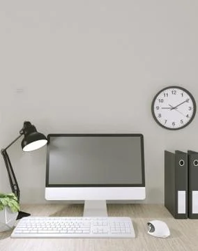 Computer with blank screen  and decoration in office room mock up background. Illustrazione stock