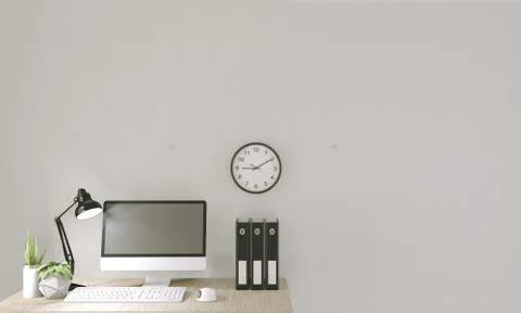 Computer with blank screen  and decoration in office room mock up background. Illustrazione stock