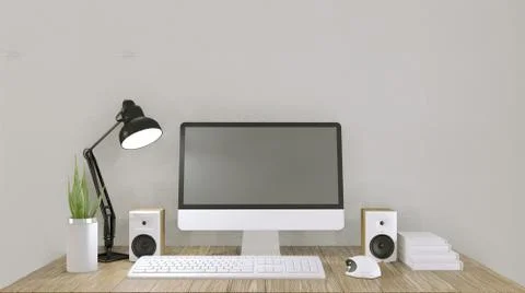 Computer with blank screen  and decoration in office room mock up background. Illustrazione stock