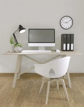 Computer with blank screen  and decoration in office room mock up background. Illustrazione stock