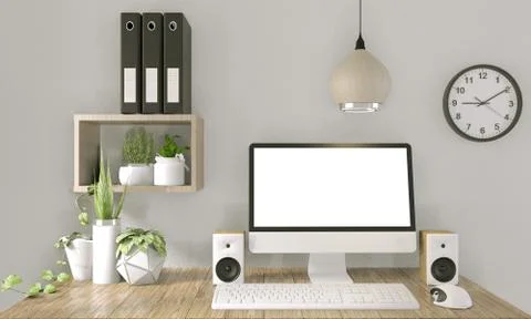 Computer with blank screen  and decoration in office room mock up background. Illustrazione stock