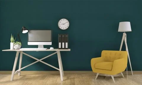 Computer with blank screen  and decoration in office room mock up background. Illustrazione stock