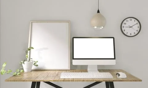 Computer with blank screen  and decoration in office room mock up background. Stock Illustration